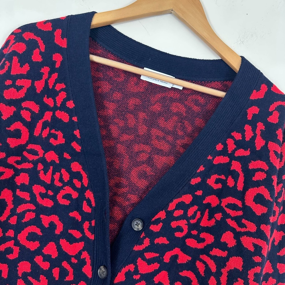 Vineyard Vines Cardigan Sweater Blue Red Leopard Print Merino Wool Womens Small